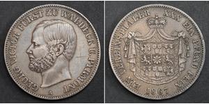  
 1867, Waldeck-Pyrmont (Principality), George Victor. Silver Thaler Coin. aXF!  Mint Year: 1867 Reference: KM-138. Mintage: 19,000 pcs.    Denomination: Thaler  Condition: An old X-shaped silve ...