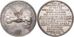 Altdeutsche Münzen und Medaillen Schleswig-Holstein-Gottorp Medaille 1689, von Karlsteen. Auf den Altonaer Vergleich mit Christian von Dänemark, Holland und Brandenburg. Zwei aus Wolken hervorrag ...