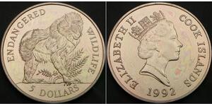 COOK ISLANDS 5 Dollars 1992 - Endangered Wildlife - Mandrill - UNC - 2064 