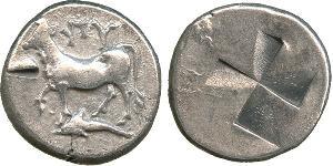 ANCIENT COINS, GREEK Thrace, Byzantion (c.340-320 BC), Silver Siglos or Drachm, bull standing left on dolphin, rev quadripartite incuse of mill-sail pattern, 5.25g (SNG BM Black Sea 21ff). Banker ...