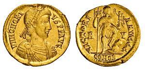 ONORIO (393-423) Solido (Ravenna) D/ Busto diademato e corazzato R/ Arcadio con labaro e vittoriola, calpesta un barbaro. Coh. 44 RIC 1287 Au g 4,45 BB