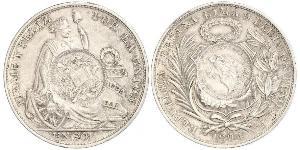 Guatemala, Republik seit 1839 1/2 Real 1894. Gegenstempel auf Peru Sol 1894. K.M. 224. Schöne Patina. Kl. Randfehler, vorzüglich
