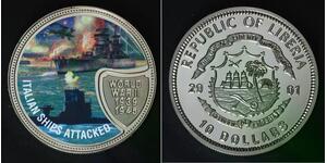 LIBERIA 10 Dollars 2001 Proof - Copper/Nickel - Italian Ships Attacked - 4564