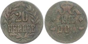 1916,Deutsch Ostafrika. 20 Heller 1916 T, Bronze. Kleine Krone / Zweige unter Wertangabe, mit vollständigem LL. Jaeger 726 b. Leicht korrodiert, sehr schön