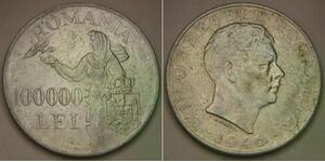 ROMANIA 100000 Lei 1946 - Silver 0.7 - Mihai I. - VF/XF - 366 *