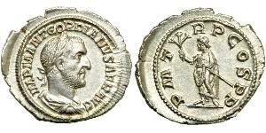  Gordian I, AD 238. AR Denarius minted at Rome, March-April AD 238 (only 21 days!). Laureate, cuirassed and draped bust right of Gordian I Africanus. Reverse: Gordian I, togate, standing left, ho ...