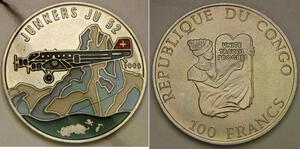 CONGO 100 Francs 1995 - Copper-Nickel - Junkers JU52 - XF - 1113 *