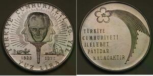 TURKEY 100 Lira 1973 - Silver 0.9 - 50th Anniversary of Republic - aUNC - 230 *