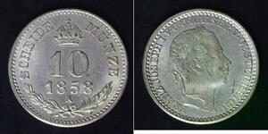 AUSTRIA 10 Kreuzer 1858 A - Silver 0.500 - Franz Joseph I. - XF - 4627
