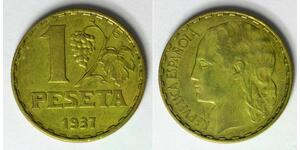 SPAIN 1 Peseta 1937 - Brass - VF - 4539