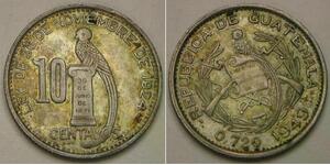 GUATEMALA 10 Centavos 1949 - Silver 0.72 - Quetzal on Pillar - XF - 348 *