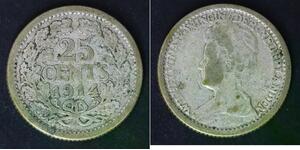 NETHERLANDS 25 Cents 1914 - Silver 0.640 - Wilhelmina I. - 1561