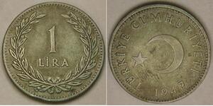 TURKEY 1 Lira 1947 - Silver 0.6 - VF/XF - 4151 *