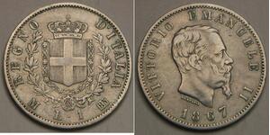 ITALY 1 Lira 1867 M - Silver 0.835 - Vittorio Emanuele II - VF/XF - 1772 *