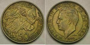 MONACO 50 Francs 1950 - Aluminium-Bronze - Rainier III. - XF - 3679 *