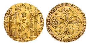 1328,Frankreich. Philippe VI. de Valois 1328-1350. Royal d'or o.J. (1328) Unter gotischem Baldachin stehender König von vorn mit Krone und Zepter / Blumenkreuz in Vierpass, in den äußeren Winkeln ...