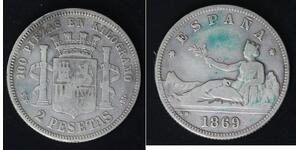 SPAIN 2 Pesetas 1869 (69) SN-M - Silver 0.835 - Provisional Government - 4361