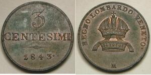 LOMBARDY VENETIA 3 Centesimi 1843 M - Copper - Ferdinand I. - aUNC - 2033 *