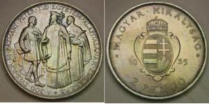 HUNGARY 2 Pengo 1935 - Silver 0.64 - Founding of Pazmany University - XF+ - 327*