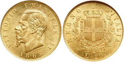 20 Лира Kingdom of Italy (1861-1946) Золото Victor Emmanuel II of Italy (1820 - 1878)