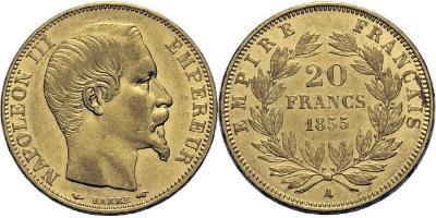 20 francs or, Paris 1855. Date variée. Tête de chien et main. - Or. 6,45g. Très Beau.