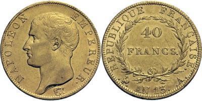 Nouveau type. 40 francs or, Paris an 13. A/. Tête nue à gauche. Par J. P. Droz. Signé Tiolier d ...