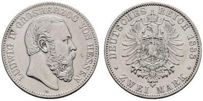 DEUTSCHLAND Kaiserreich Hessen, Grossherzogtum Ludwig IV. 1877-1892. 2 Mark 1888, Berlin. 10.99 ...