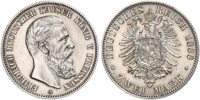 Preußen. Friedrich III. 1888. 2 Mark 1888 A. Jaeger 98. Kleine Kratzer, vorzüglich +