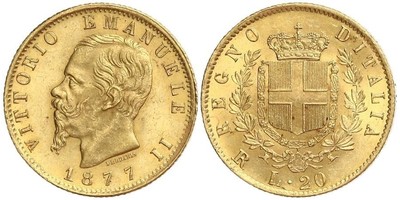 Italien-Königreich, Vittorio Emanuele II. 20 Lire 1877 R. Friedberg 12. GOLD. Fast Stempelglanz