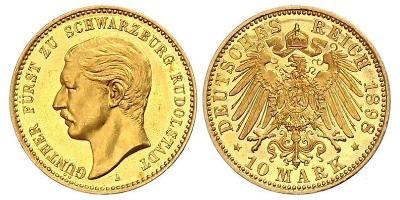 Schwarzburg-Rudolstadt, Günther Victor 10 Mark 1898 A. Jaeger 286. GOLD. Winziger Kratzer, Poli ...