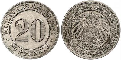 Kleinmünzen. 20 Pfennig 1892 J. Jaeger 14. Winziger Kratzer, vorzüglich
