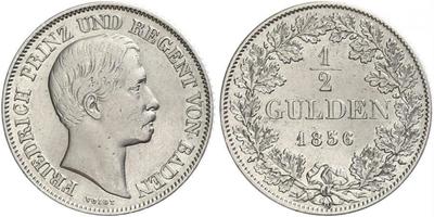 Baden-Durlach. Friedrich I. 1852-1907. 1/2 Gulden 1856. Prinz und Regent. Jaeger 68, AKS 116. W ...