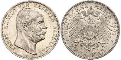 Sachsen-Altenburg, Ernst 2 Mark 1901 A. Jaeger 142. Fast Stempelglanz
