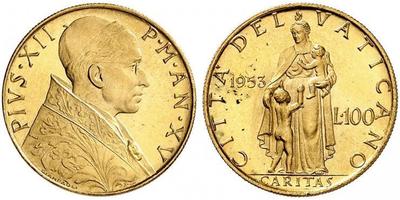 1953,ITALIEN. Vatikan - Kirchenstaat. Pius XII. 1939-1958. 100 Lire 1953 / ANNO XV, Roma. 5.19  ...