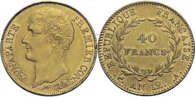 40 francs or, Paris an 12. Grènetis serré à l’avers. - Or. 12,91g. Chocs sur tranche. Légèremen ...