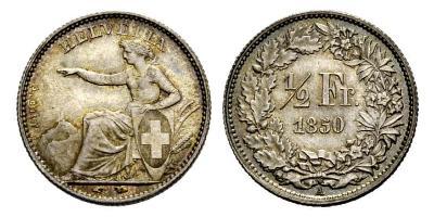 WORLD COINS SCHWEIZ Eidgenossenschaft ½ Franken 1850, Paris. 2.51 g. Divo 4. HMZ 2-1205a. Feine ...