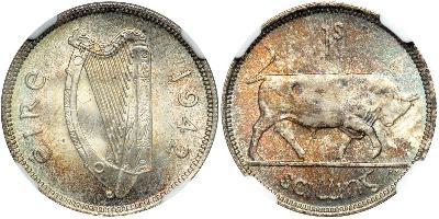  Ireland. Shilling, 1942. KM-14. Irish harp. Reverse: Bull. NGC graded MS-66. Estimated Value $ ...