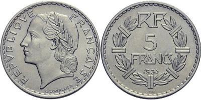 Essai du concours, 5 francs, 1933. Par Lavrillier. Effigie féminine à gauche. Variété de A des  ...