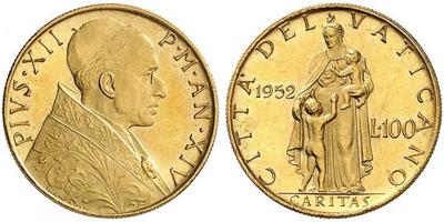 1952,ITALIEN. Vatikan - Kirchenstaat. Pius XII. 1939-1958. 100 Lire 1952 / ANNO XIV, Roma. 5.20 ...