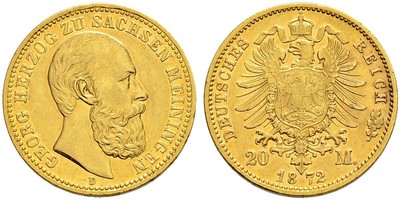 DEUTSCHES KAISERREICH Sachsen-Meiningen, Herzogtum Georg II. 1866-1914. 20 Mark 1872, D München ...