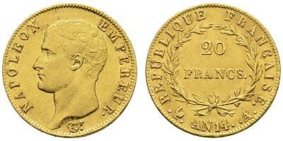 FRANKREICH Königreich I. Kaiserreich. Napoleon I. 1804-1815. 20 Francs AN 14 (1805/1806), Paris ...