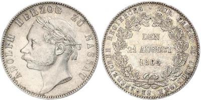 1864,Nassau. Adolph 1839-1866. Taler 1864. Regierungsjubiläum. Jaeger 63, Thun 238, AKS 77, Kah ...