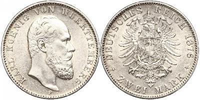 2 Mark Regno di Württemberg (1806-1918) Argento Carlo di Württemberg
