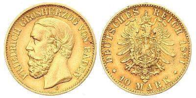 Baden, Friedrich I. 10 Mark 1881 G. Die zweite Ziffer 8 in der Jahreszahl kopfstehend. Jaeger 1 ...