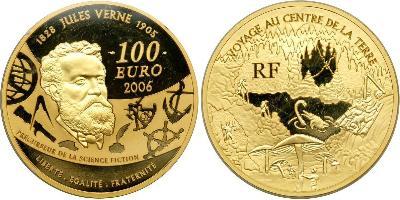  France. 100 Euro, 2006. Weight 155.5 grams (5 Ounces). 50 mm. Mintage 99. Jules Verne, 1828-19 ...