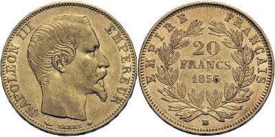 20 francs or, Strasbourg 1856. Atelier varié. Tête de chien et abeille. - Références : Gadoury  ...