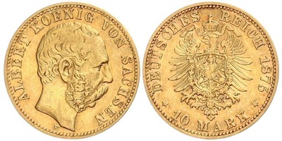 Sachsen, Albert 10 Mark 1875 E. Jaeger 261. GOLD. Sehr schön