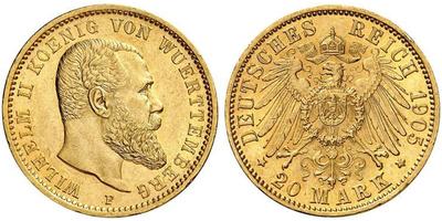 20 Марка Королівство Вюртемберг Золото Wilhelm II, German Emperor (1859-1941)