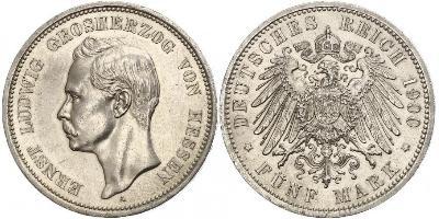 Hessen 5 Mark 1900 A. Jaeger 73. Winz. Randfehler, winz. Kratzer, vorzüglich