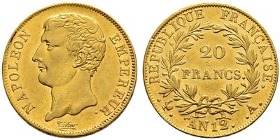 20 Franc Erstes Kaiserreich (1804-1814) Gold Napoleon Bonaparte(1769 - 1821)